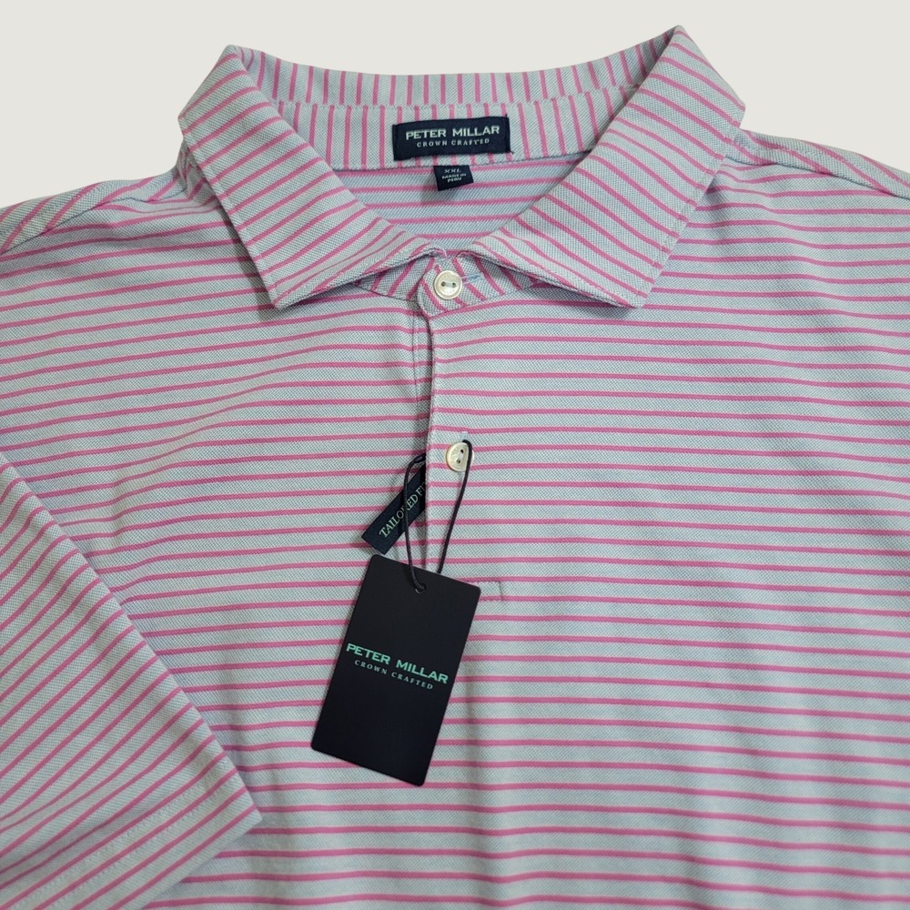Peter Millar Crown Crafted Tailored Fit Polo Shirt Pink Blue Stripe XXL NEW $128